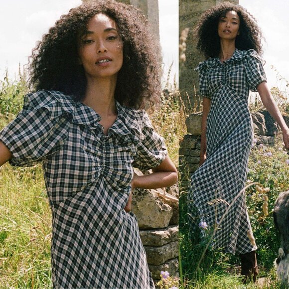 Doen Dresses & Skirts - Doen Gwyneira Navy Countryside Plaid Ruffle‎ Cotton Midi Dress Size L